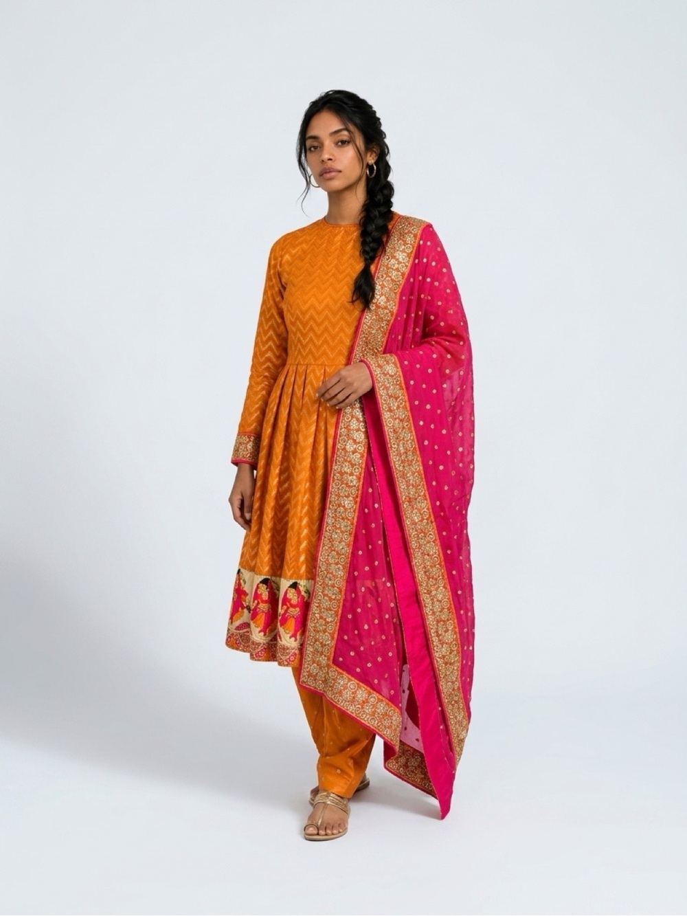 Women's Orange yellow Anarkali & Dhoti Pants & Pink Dupatta Set